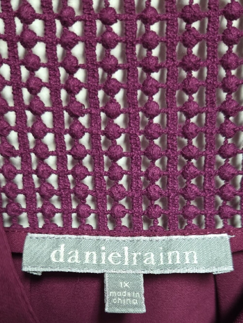 Daniel Rainn Deep Plum Crochet Yoke Cap Sleeve Blouse - Picture 2 of 7